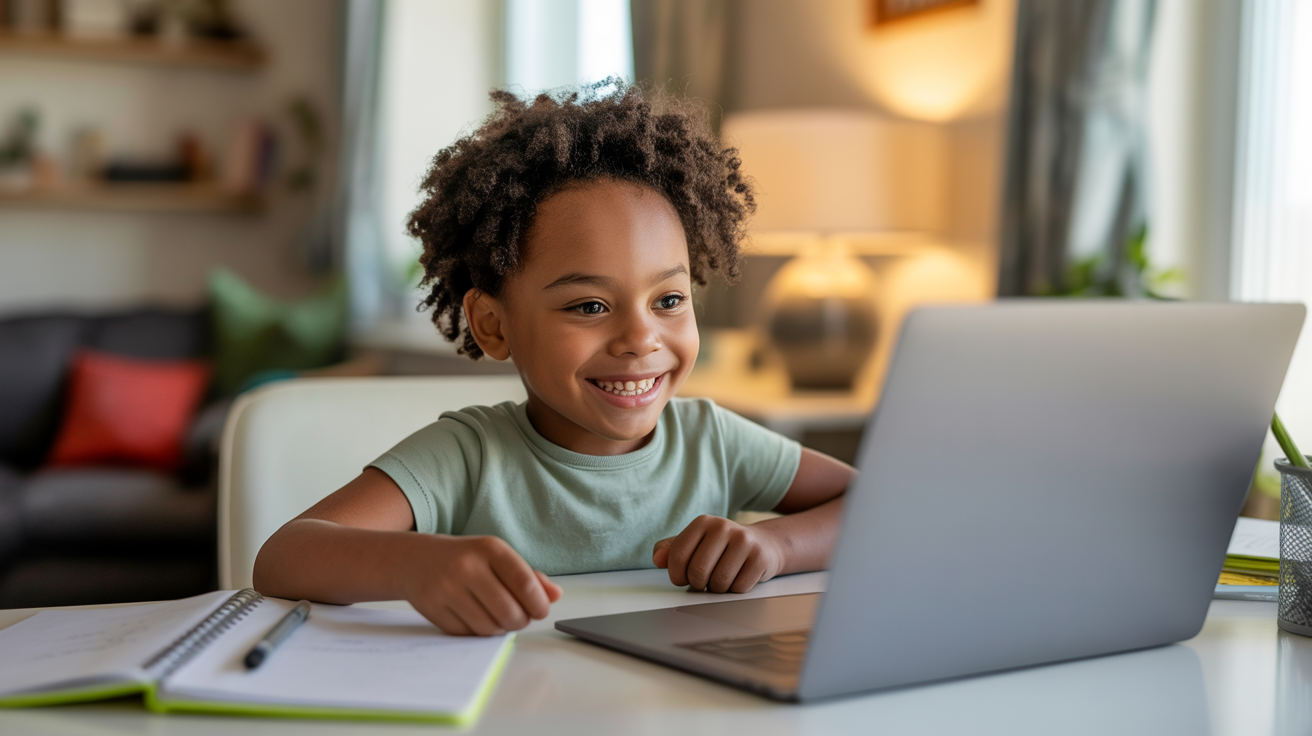 A confident young student learning about financial literacy at home with a laptop